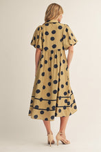 Load image into Gallery viewer, Jodifl Puff Sleeves Polka Dot Midi Dress in Golden Olive/ Navy
