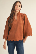 Load image into Gallery viewer, Jodifl Scallop Edge Detail Faux Suede Top in Camel
