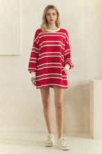 Load image into Gallery viewer, Veveret Coastal Breeze Stripe Sweatshirt Dress in Red Combo
