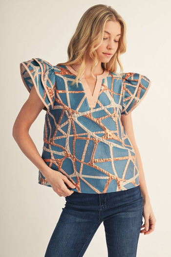 Jodifl Abstract Metallic Jacquard Top in Turquoise