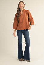 Load image into Gallery viewer, Jodifl Scallop Edge Detail Faux Suede Top in Camel
