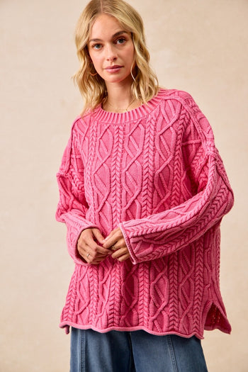 BiBi Cable Knit Mineral Washed Sweater in Washed Hot Pink