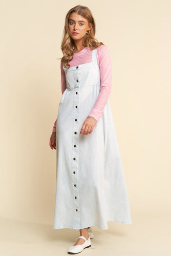 J.nna Mineral Washed Denim Button Down Front Maxi Dress in Ice Blue Denim