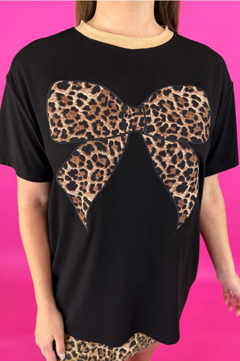 Jess Lea OVERSIZED Vintage T-Shirt with Leopard Bow Patch Front in Black