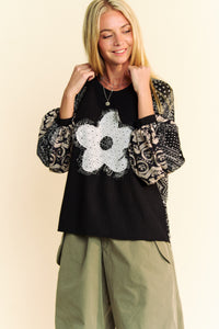 Davi & Davi Waffle Knit Top with Flower Patch Front in Black