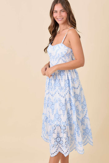 blue and white eyelet dress Two Tone Eyelet Ruffle Flounce Dress - Blue/White