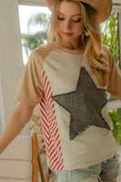 BiBi Fitted Denim Star Patched Top with Stripe Details in Cream/Latte/Red
