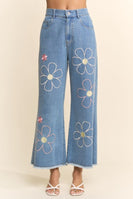 Davi & Dani Denim Cropped Pants with Flower Embroidery in Denim Blue