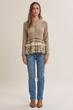 Load image into Gallery viewer, In February Quiet Cottage Mixed Media Plaid Peplum Sweater Cardigan in Oatmeal/Olive
