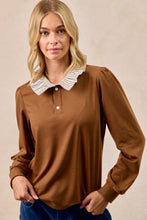 Load image into Gallery viewer, BiBi French Terry Top with Contrasting Striped Ruffle Collar in Dark Mocha
