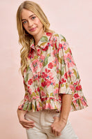 BiBi Floral Print Ruffled Hem Button-Up Quarter Sleeve Top in Floral