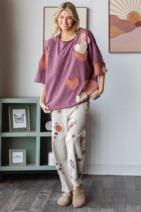 Oli & Hali Mineral Washed Top with Heart Patches in Eggplant