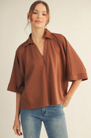 Jodifl Solid Color Collared V Neck Top in Brown ON ORDER