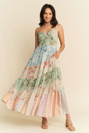 Davi & Dani Mixed Print Maxi Dress in Sage Multi