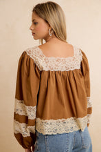 Load image into Gallery viewer, BiBi Solid Woven Balloon Sleeve Square Neck Blouse With Lace Trim in Camel
