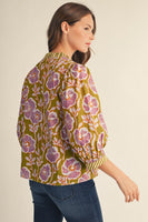 Jodifl Ruffled Neckline Floral Top in Green Moss