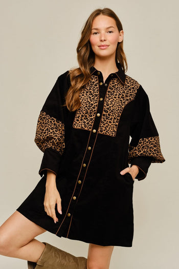 Jodifl Animal Contrast Button Down Corduroy Dress in Black