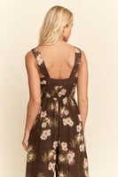 Davi & Dani Floral Ruffle Square Neck Smocking Bodice Jumpsuit in Mocha Brown