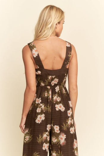 Davi & Dani Floral Ruffle Square Neck Smocking Bodice Jumpsuit in Mocha Brown