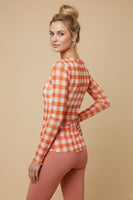 J.nna FITTED Mesh Checkered Top in Orange Checkered