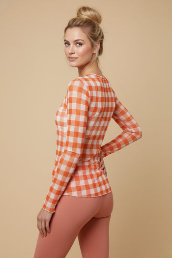 J.nna FITTED Mesh Checkered Top in Orange Checkered