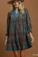 Umgee Mix Plaid Tiered Babydoll Dress in Teal Mix