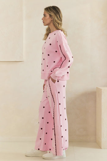 Veveret Charming Polka Dot Lounge Set in Pink/Burgundy