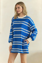 Load image into Gallery viewer, Veveret Coastal Breeze Stripe Sweatshirt Dress in Blue Combo
