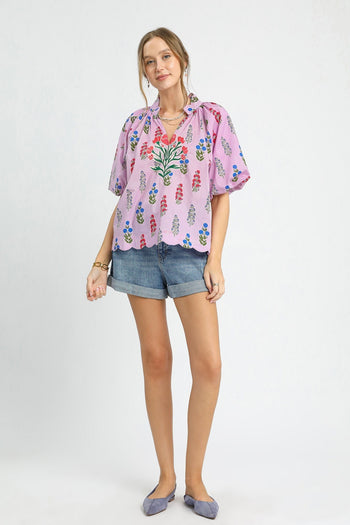Umgee Floral Print Top with Embroidery in Lilac Mix