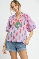 Umgee Floral Print Top with Embroidery in Lilac Mix