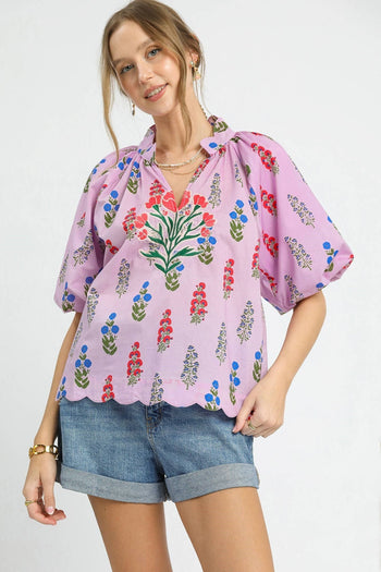 Umgee Floral Print Top with Embroidery in Lilac Mix