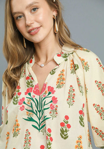 Umgee Floral Print Top with Embroidery in Cream Mix