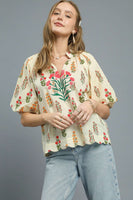 Umgee Floral Print Top with Embroidery in Cream Mix
