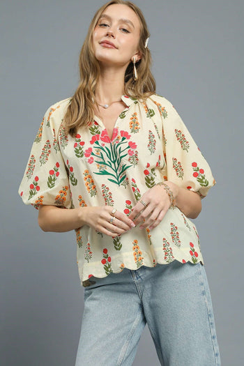 Umgee Floral Print Top with Embroidery in Cream Mix