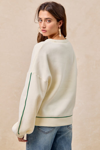 BiBi Fleece Sweatshirt with Embroidered Cactus Patch on Front in Cream