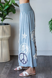 Oli & Hali Smocked Waistband Pants with Peace Sign and Star Patches in Blue