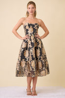 Main Strip Metallic Floral Embossed Midi Dress in Black