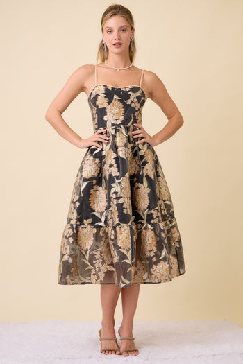 Main Strip Metallic Floral Embossed Midi Dress in Black