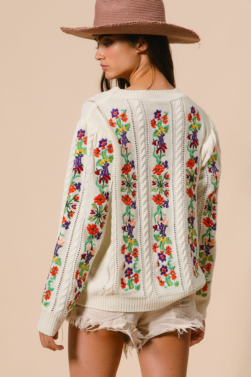 BiBi Solid Color Cable Knit Sweater with Flower Embroidery in