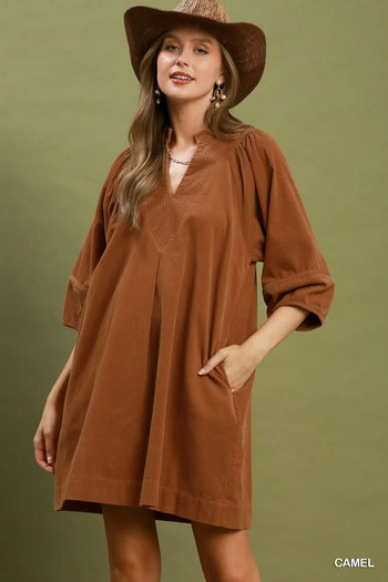 Umgee Corduroy V-Neck Puff Sleeve Shift Dress with Pockets in Camel