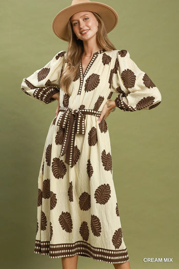 Umgee Mix Leaf Print Belted Midi Dress in Cream Mix