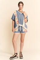 Davi & Dani OVERSIZED Knit and Lace Top with Flower Patches in Blue Multi