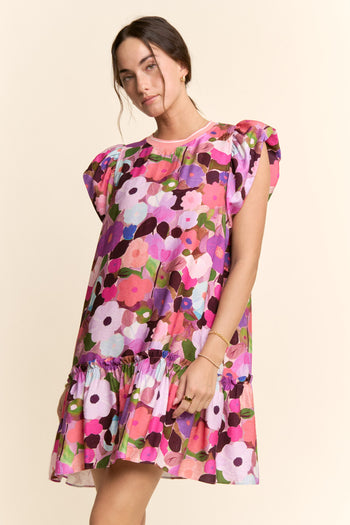 Davi & Dani Ruffle Sleeve Floral Dress in Berry Pink