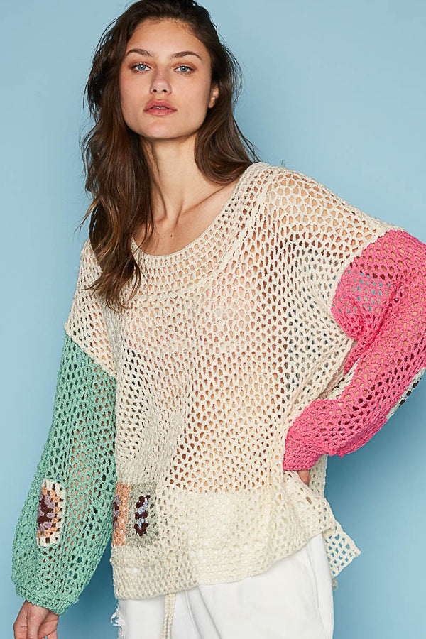 POL Oversized Crochet Sweater in Cream Multi Shirts & Tops POL Clothing   