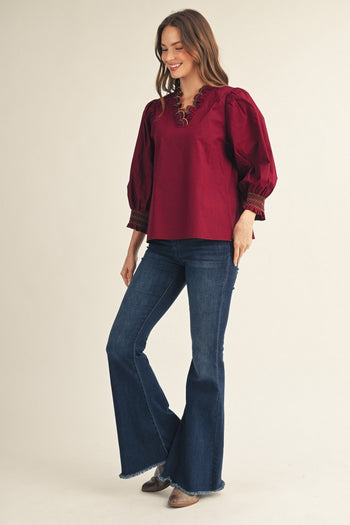 Jodifl Embroidered Scallop V Neckline Solid Top in Burgundy