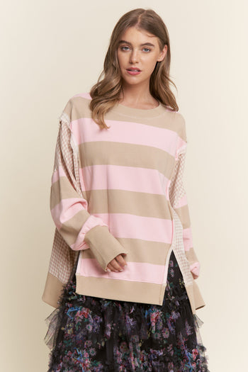 J.nna OVERSIZED Striped and Gingham Sweatshirt in Strawberry Shortcake