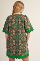 Jodifl Scallop Edge Detail Baroque Floral Shift Dress in Brown