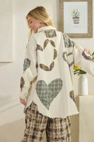 Oli & Hali Mineral Washed OVESIZED Top with Mixed Plaid Heart Patches in Cream