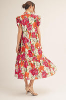 Jodifl Ruffle Sleeve Floral Midi Dress in Red ON ORDER