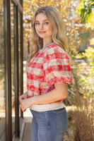 VOY Solid Ribbed Band Bubble Sleeve Plaid Top in Red